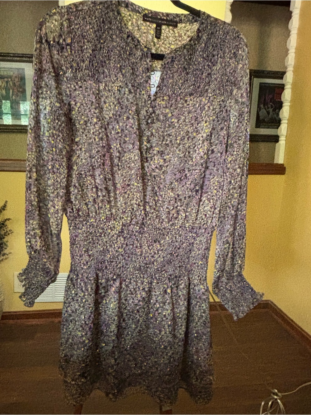 White House Black Market Purple Floral Long-Sleeve Smocked Dress